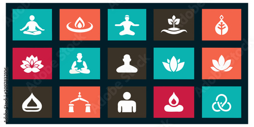 Serene yoga and meditation icons featuring lotus flower, meditating figures, and spiritual symbols for wellness designs.