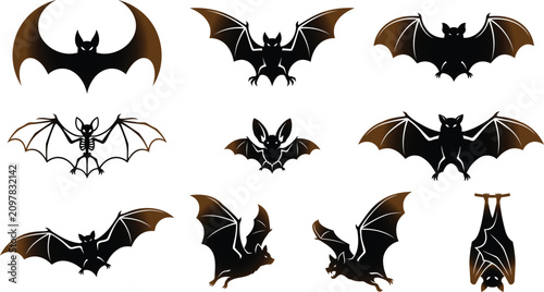 Tableau sur toile Collection of various bat silhouettes in different poses and styles flying hangi