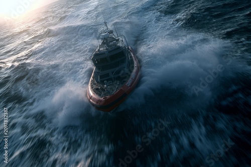 Coast guard patrol soft, rough sea, emergency rescue action and dramatic maritime weather