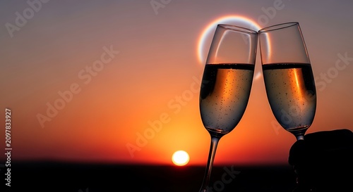 Two champagne glasses clinking during a sunset with a solar eclipse