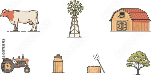 Foto PrintVintage Agriculture and Retro Farm Line Art Icon Set Featuring Dairy Cow Wi