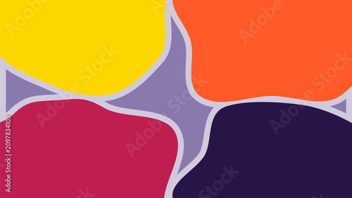 Bold colors flow in abstract, organic shapes. Vibrant yellow, orange, purple, and deep red create visual energy. Grey outlines define each form, enhancing the modern feel
