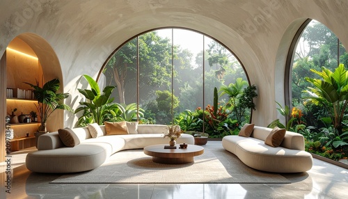 A serene living room with modern furniture and lush greenery outside the large windows.
