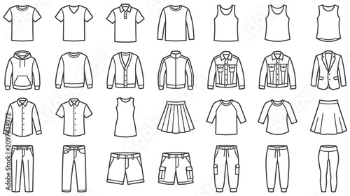 Assorted clothing items for men and women collection in black line art style.