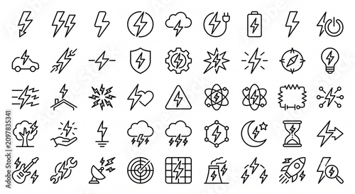 Comprehensive set of electricity and power line icons with electricity, industry