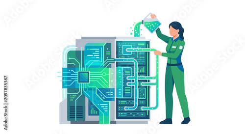 Female IT engineer pouring digital coolant into server hardware for system cooling flat vector illustration.
