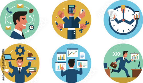 Business Productivity and Time Management Icon Set Featuring Multitasking Office Workers, Deadlines, Analytics, and Organization Concepts in Flat Vector Style
