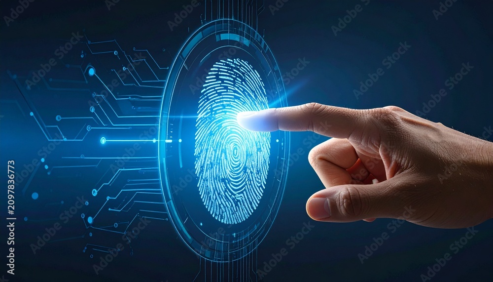 Fototapeta premium A conceptual close up of a human finger scanning a biometric digital fingerprint display for advanced high tech cyber security systems.