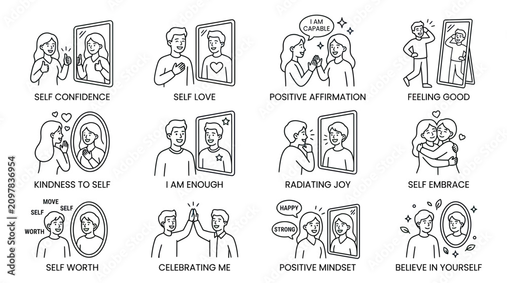 Fototapeta premium Self-care and Positive Mindset Icons: Self-confidence, Love, Affirmation, Joy