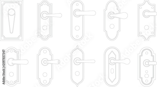 Vintage door handle plate illustration set, antique hardware vector art, ornate decorative graphic design, classical architecture symbol