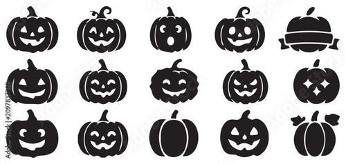 Collection of scary and funny jack o lantern silhouettes with carved faces vector illustration eps 10