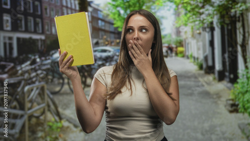 Foto Woman holding yellow book aloft with open mouth and raised hand on a street, gesture of showing or speaking; surprise curiosity