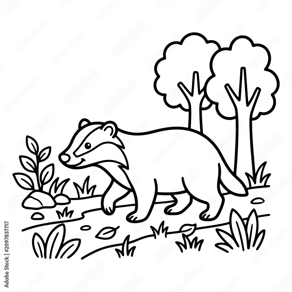 Fototapeta premium Charming hand drawn depiction of a friendly badger walking through a natural woodland setting with plants and trees perfect for children educational pages and creative projects promoting