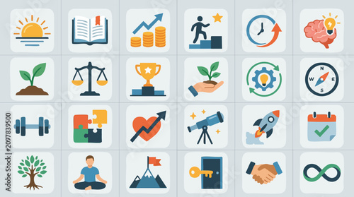 Foto Flat design icons for business growth, personal development, and success