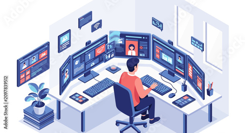 Man working at a desk with multiple computer monitors.