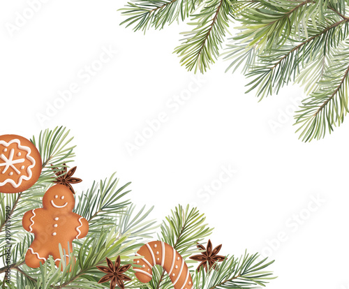Christmas frame corner with gingerbread and fir branches