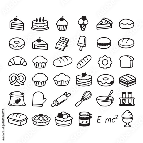 Bakery and Dessert Outline Icon Set with Cake, Cupcake, Donut, Ice Cream, Bread, Coffee, Pastry, Sweet Food, Cafe and Bakery Line Vector Collection