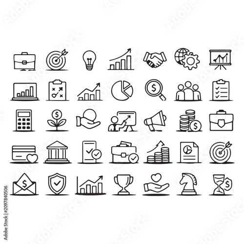 Business and Finance Outline Icon Set with Growth Analytics, Investment, Banking, Leadership, Marketing, Productivity, Strategy and Corporate Line Vector Collection