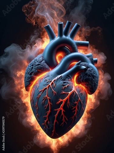 Abstract 3d illustration of human heart with glowing red veins and smoke. Future concept on dark dramatic background.