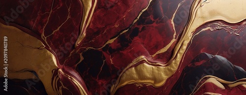 Abstract luxury background with red marble texture and liquid gold veins.