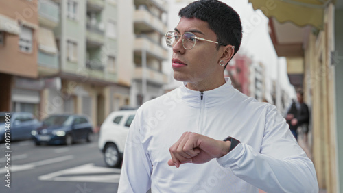 Canvastavla Man checking smartwatch on wrist while turning head to look up on street among parked cars and buildings; anticipation