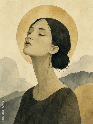 Peaceful woman portrait with mountains in minimalist watercolor style