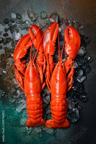 Two large cooked lobsters. Vertical photo, top view.
