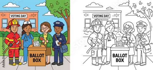 Fotografie Community helpers voting day illustration and coloring page set with firefighter, nurse, teacher, and mail carrier casting ballots in a ballot box