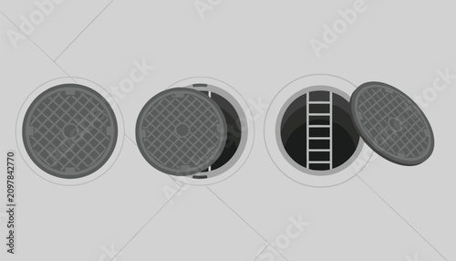 Different states of manhole sewer covers on concrete street