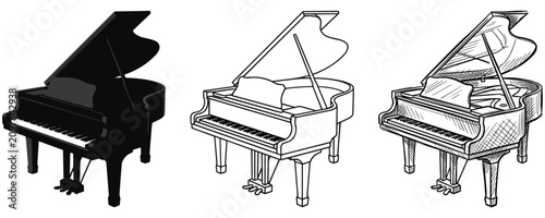 Set of grand piano illustrations in silhouette line art and sketch styles.