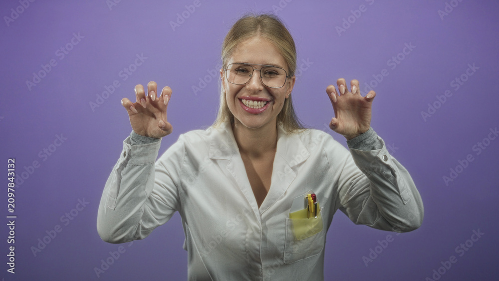 Naklejka premium Woman in white coat makes clawing hand gesture showing fingers and pens in pocket against a purple studio backdrop; playful.