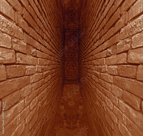 Cuadro en lienzo dead end  Red grey gray beige brick pathway and walls form a narrow tunnel low angle perspective leads the eye toward a blurred background of trees