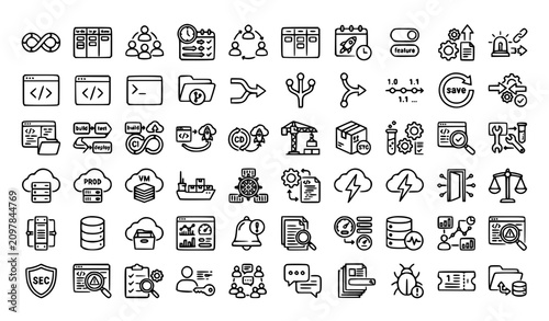 Konstfotografi Software Development and DevOps Line Icons Flat Vector Illustration Set