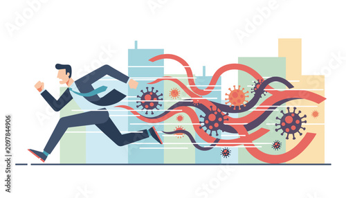 Φωτογραφία Businessman running away from spreading virus monster