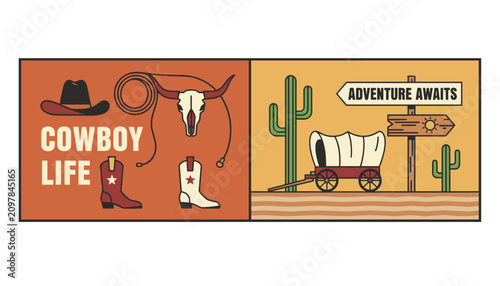 Konstfotografi Cowboy life and western adventure themed banner set