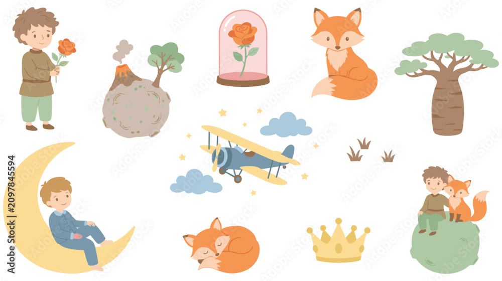 Obraz premium Little prince story element set with cute boy fox rose planet plane art.