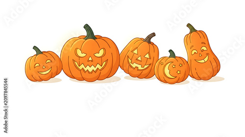 A vector graphic illustration of six carved pumpkins with different Halloween-themed faces on a white background