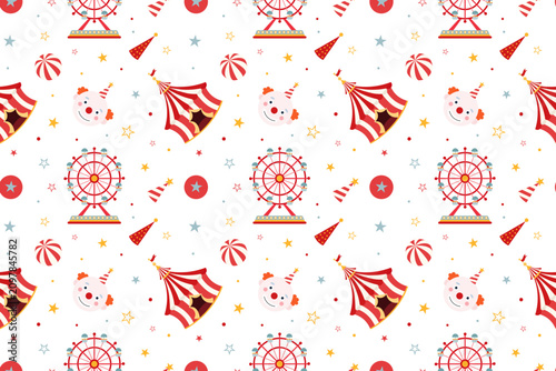 Cute seamless pattern with circus elements: ferris wheel, stripped tent, balls,stars  in white,red and blue colours on white background.Carnival or festival amusement. Vibrant carnival pattern. Vector