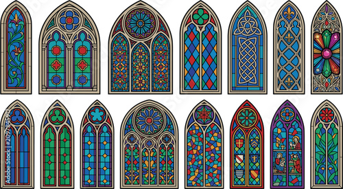 Gothic Stained Glass Window Vector Icon Set with Medieval Church Architecture Elements and Colorful Cathedral Glass Patterns for Graphic Design Projects