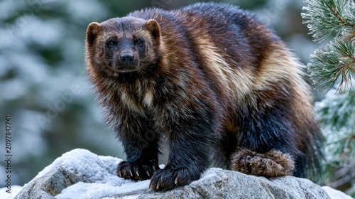 Wild Wolverine Stands on Snow-Covered Boulder