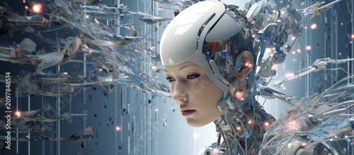 Portrait of a cyborg robot woman with technical elements and sensors on her face and head. Concept for the development of a technological new generation of people