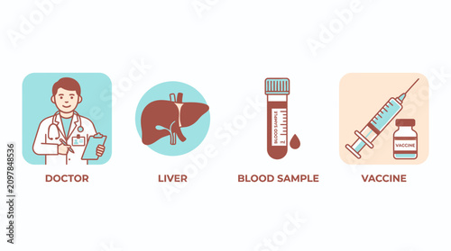 Doctor, Liver Health, Blood Sample, and Vaccine Icons Set