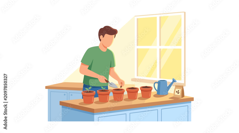 Obraz premium Young man planting seeds in small garden pots on wooden table near window flat design vector illustration.
