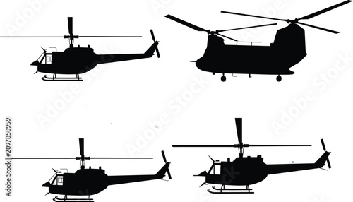 фотографія Military helicopter silhouette collection, black aviation aircraft vector set fe