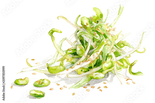 Seasoned Korean Bean Sprouts Salad Watercolor Illustration, AI Generated