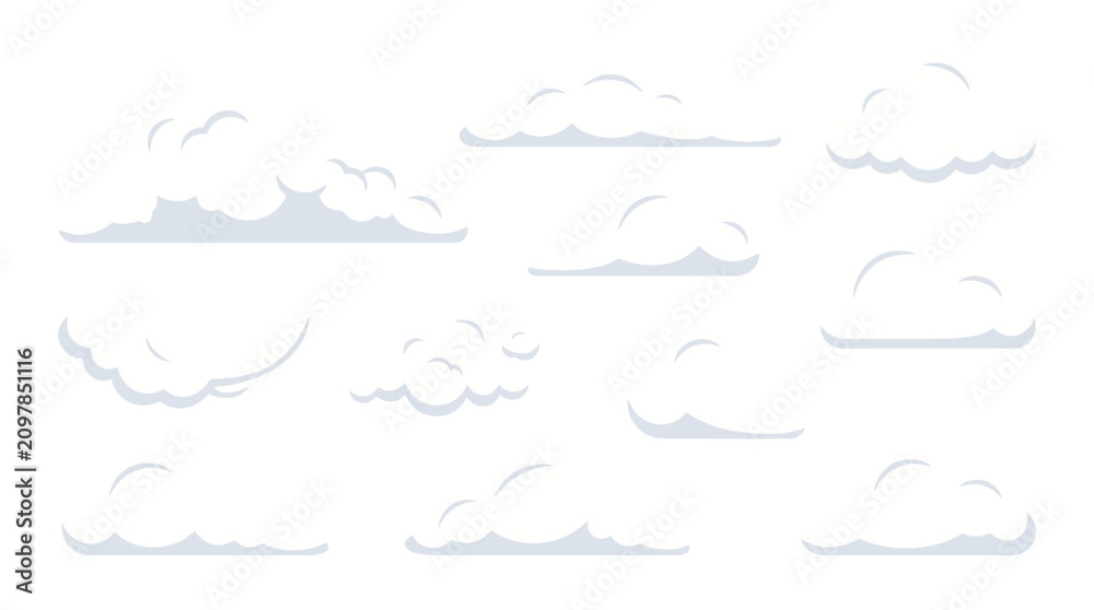 Fototapeta premium Vector icons of various white clouds floating across a blue sky