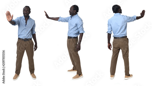 front,side and back view of same  man showing stop sign on white background