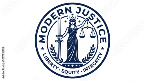 Modern justice system logo with lady justice.