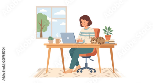 Young female freelancer working on laptop at cozy home office desk with sleeping cat flat design vector illustration