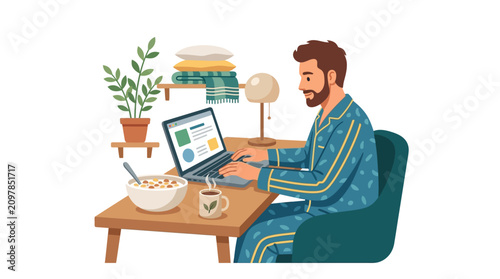 Young bearded man in pajamas working on laptop at home desk with breakfast flat vector illustration